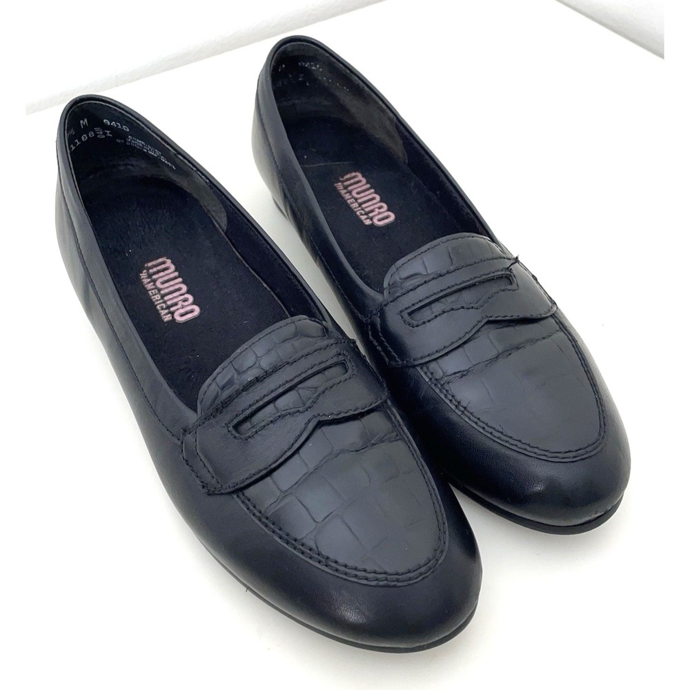 Munro American Carrie Crocodile Leather Black Loafers Slip On USA Size 7.5